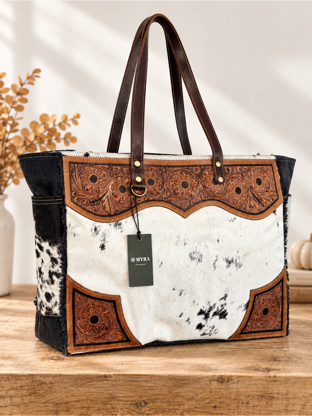 Myra Hair-On Hide Weekender XL Tooled Leather Western Travel Bag NWT - Picture 4 of 12
